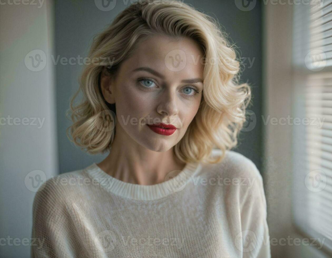 AI generated photo of beautiful middle aged woman with blonde hair in bedroom, generative AI