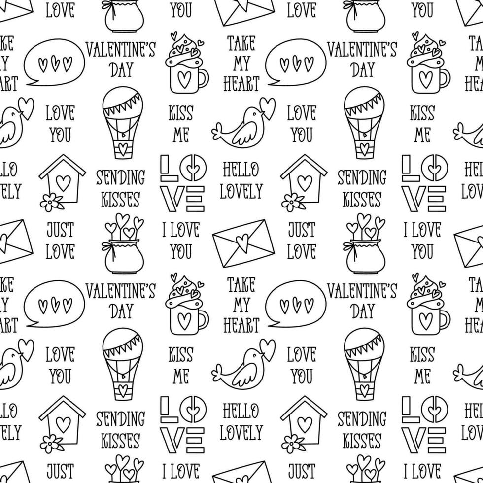 Valentines Day doodle style seamless pattern in black and white, hand-drawn love theme icons and quotes background. Romantic mood, cute symbols and elements collection. vector