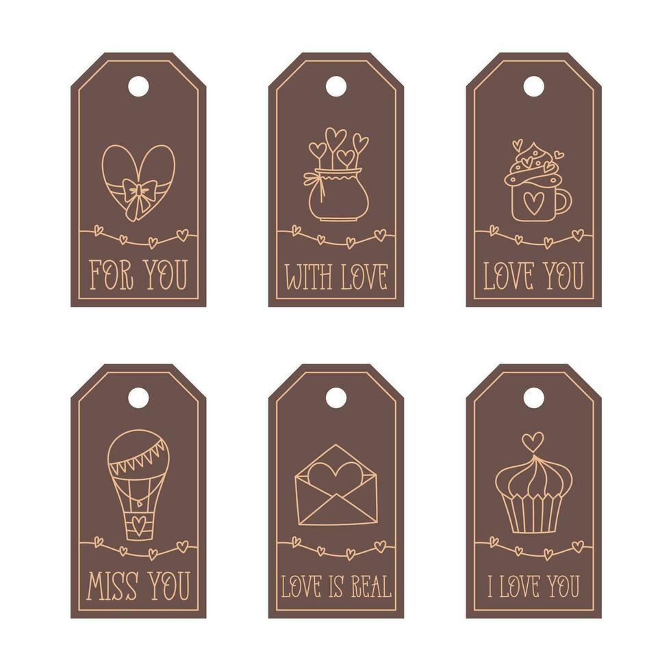 Valentines Day printable tags template in doodle style, hand-drawn love theme icons and quotes. Romantic mood, cute symbols and elements collection. vector