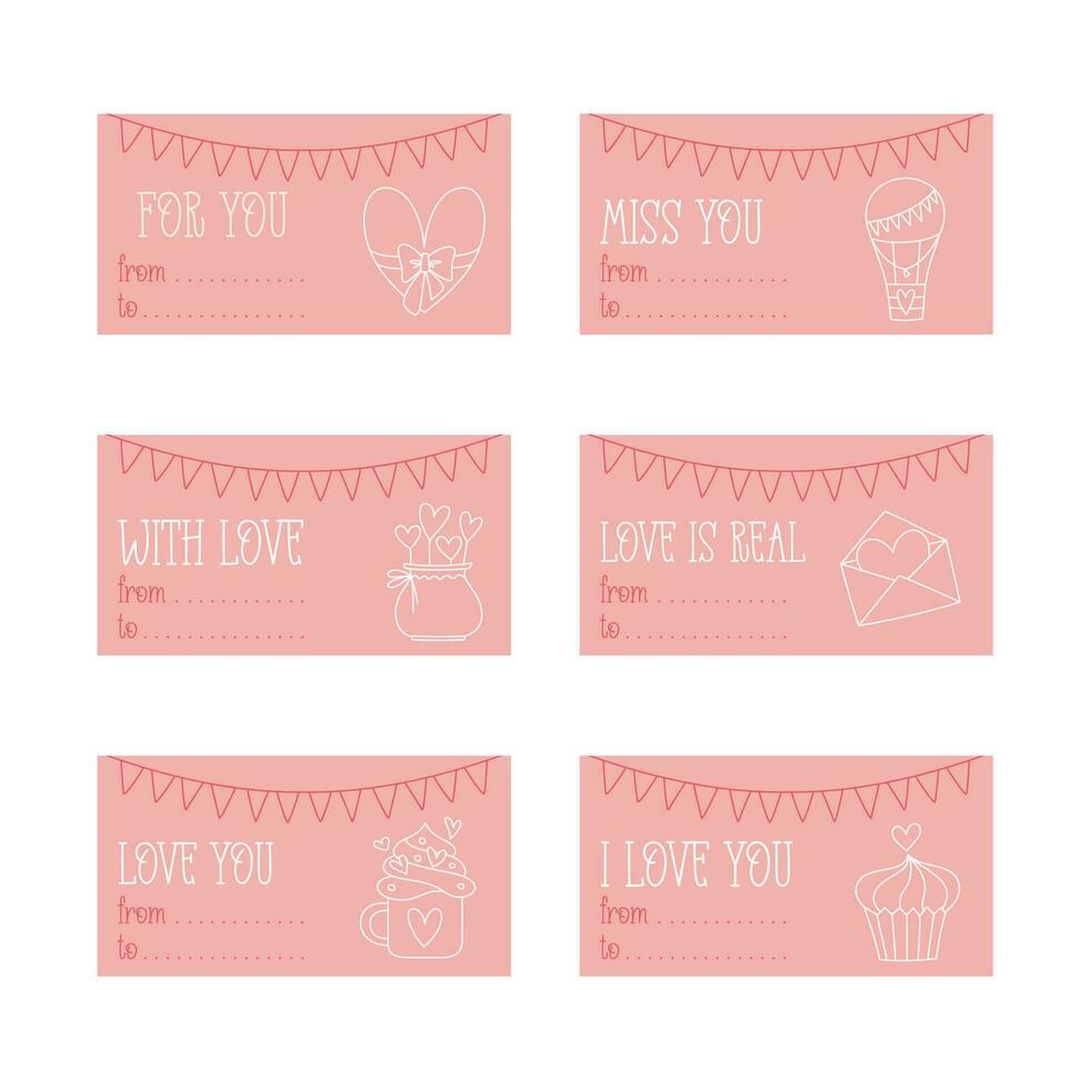 Valentines Day printable gift tags template in doodle style, horizontal format, hand-drawn love theme icons and quotes. Romantic mood, cute symbols and elements collection. vector