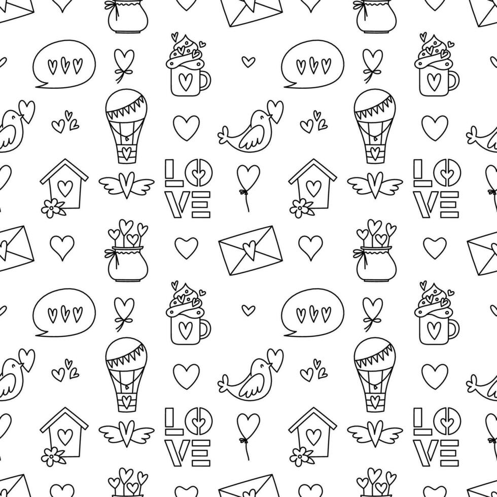 Valentines Day doodle style seamless pattern in black and white, hand-drawn love theme icons and quotes background. Romantic mood, cute symbols and elements collection. vector