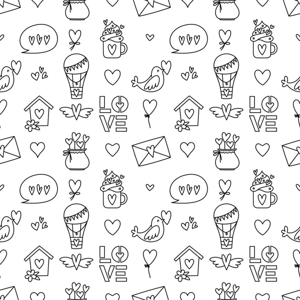 Valentines Day doodle style seamless pattern in black and white, hand-drawn love theme icons and quotes background. Romantic mood, cute symbols and elements collection. vector