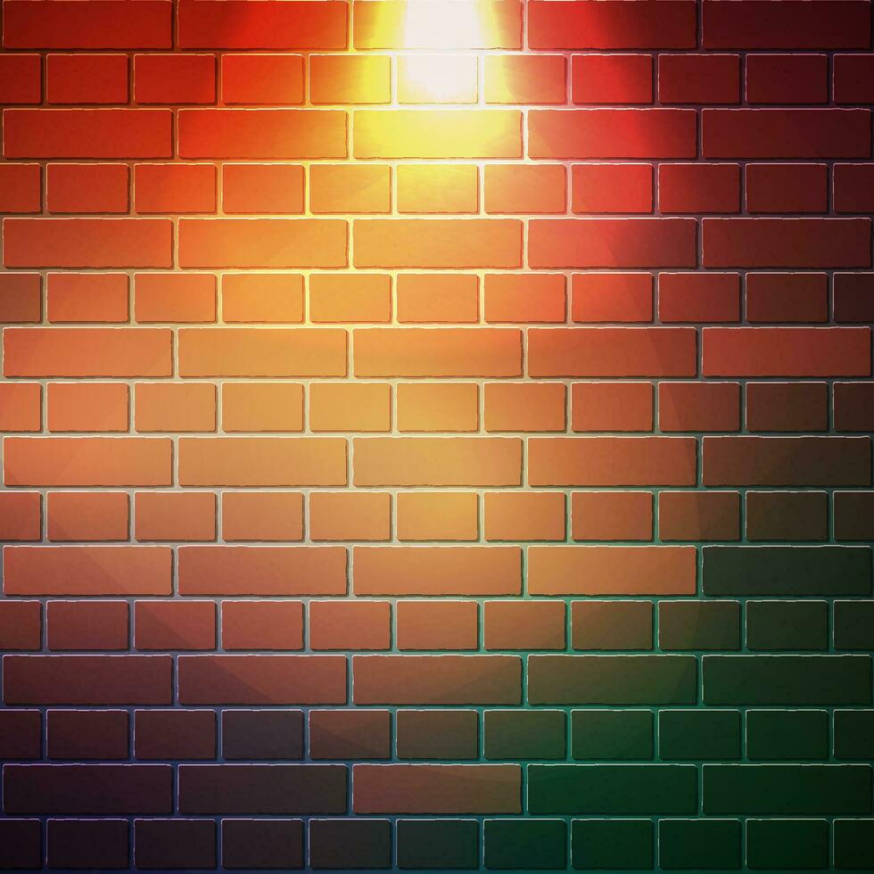 The red brick wall square format background template has a bright lamp light in the center. Vector illustration EPS10.