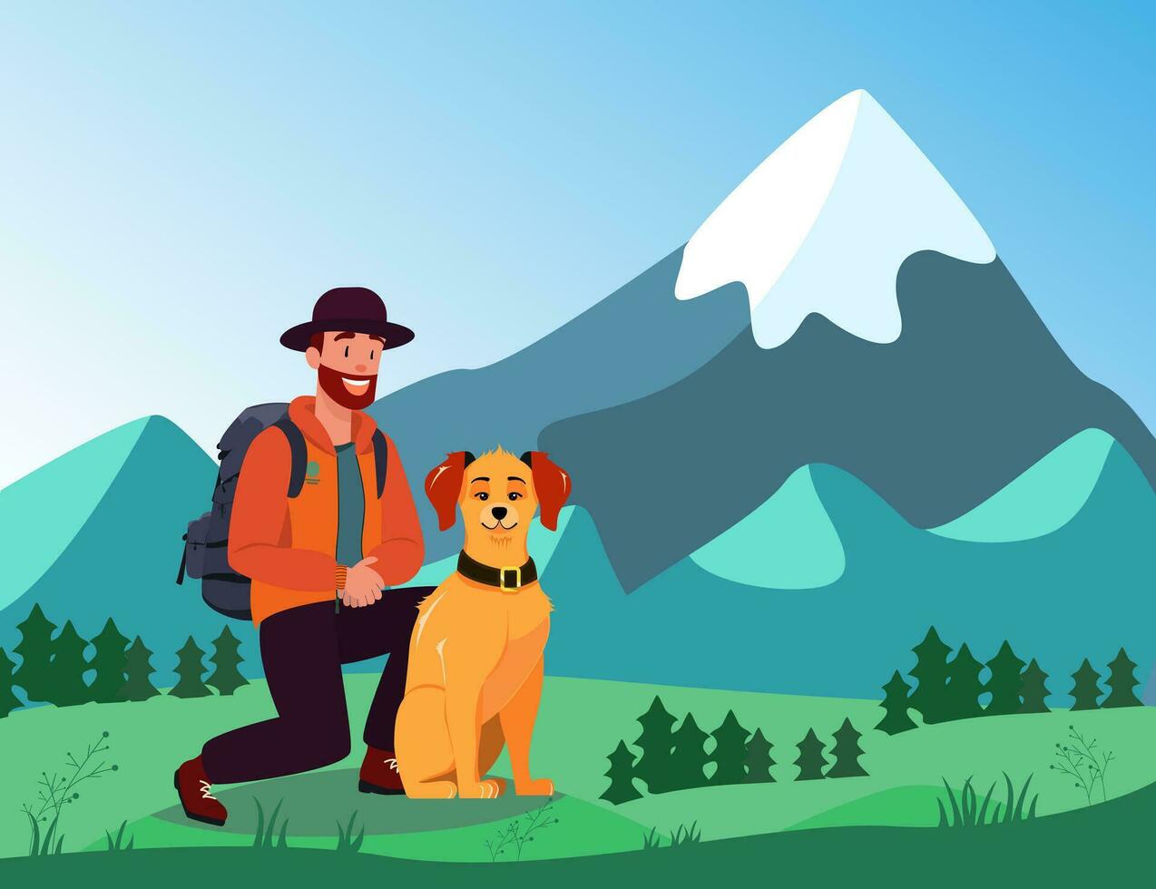 Man with Tourist Backpack, Friendly Red Cute Dog. sitting on knees.Landscape with Mountains and forest background. Cartoon Vector illustration for book, Games or Advertising on the Internet