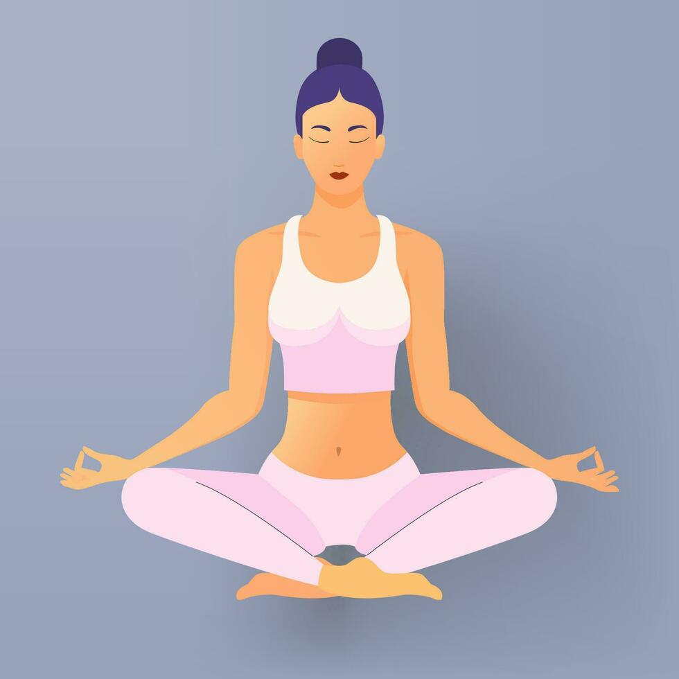 Woman training yoga asana lotus, Young girl Asian, practice meditation with close eyes. Flat vector illustration isolated on light background