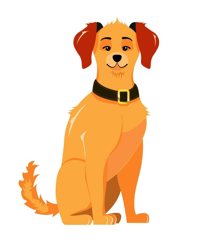 Cartoon brown dog, puppy character, sitting, front view illustration. Cute, friendly big dog sitting straight with tongue out, front view cartoon vector illustration isolated on white background