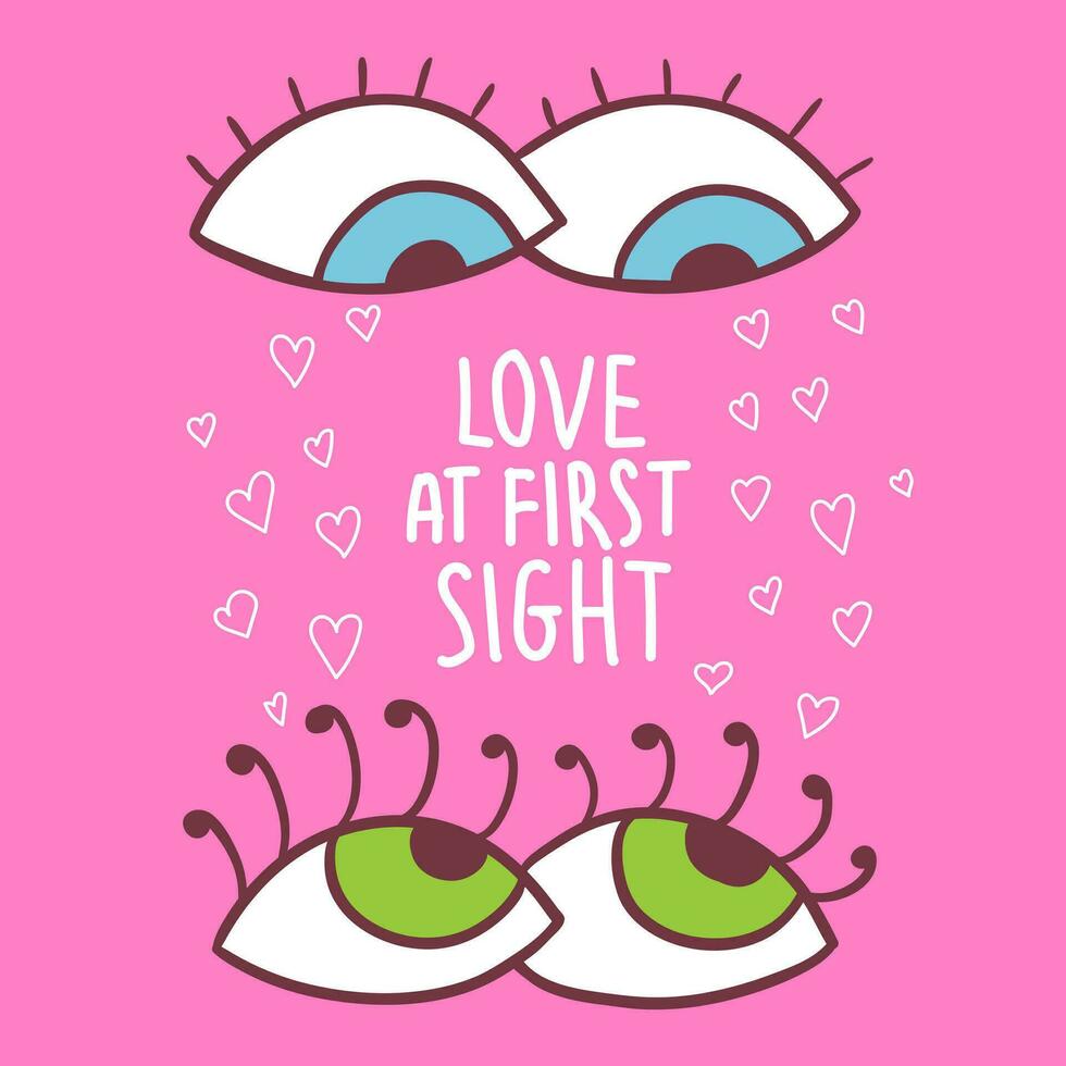 contento San Valentín día saludo tarjeta. amor a primero vista. retro estilo ilustración con 90s onda. ojos en amor. amoroso ojos. bandera para social medios de comunicación vector