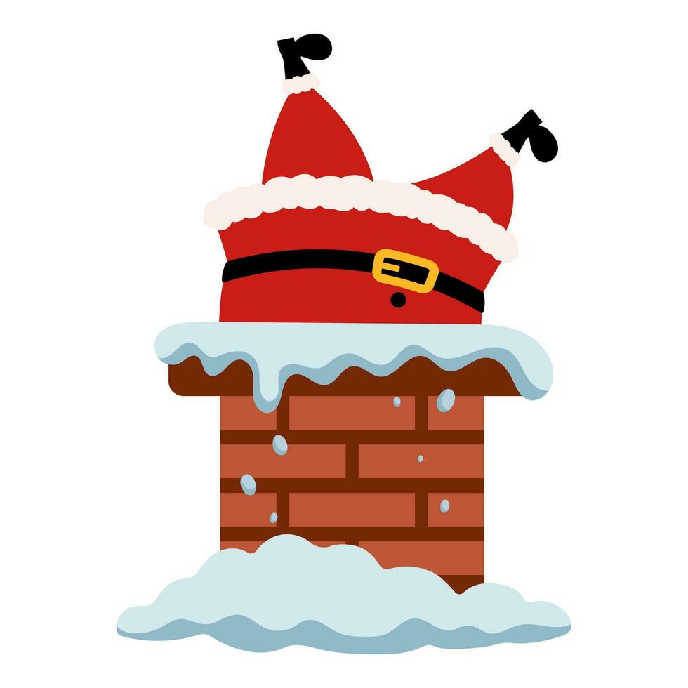Santa Claus got stuck in the pipe with his legs up. Vector illustration.
