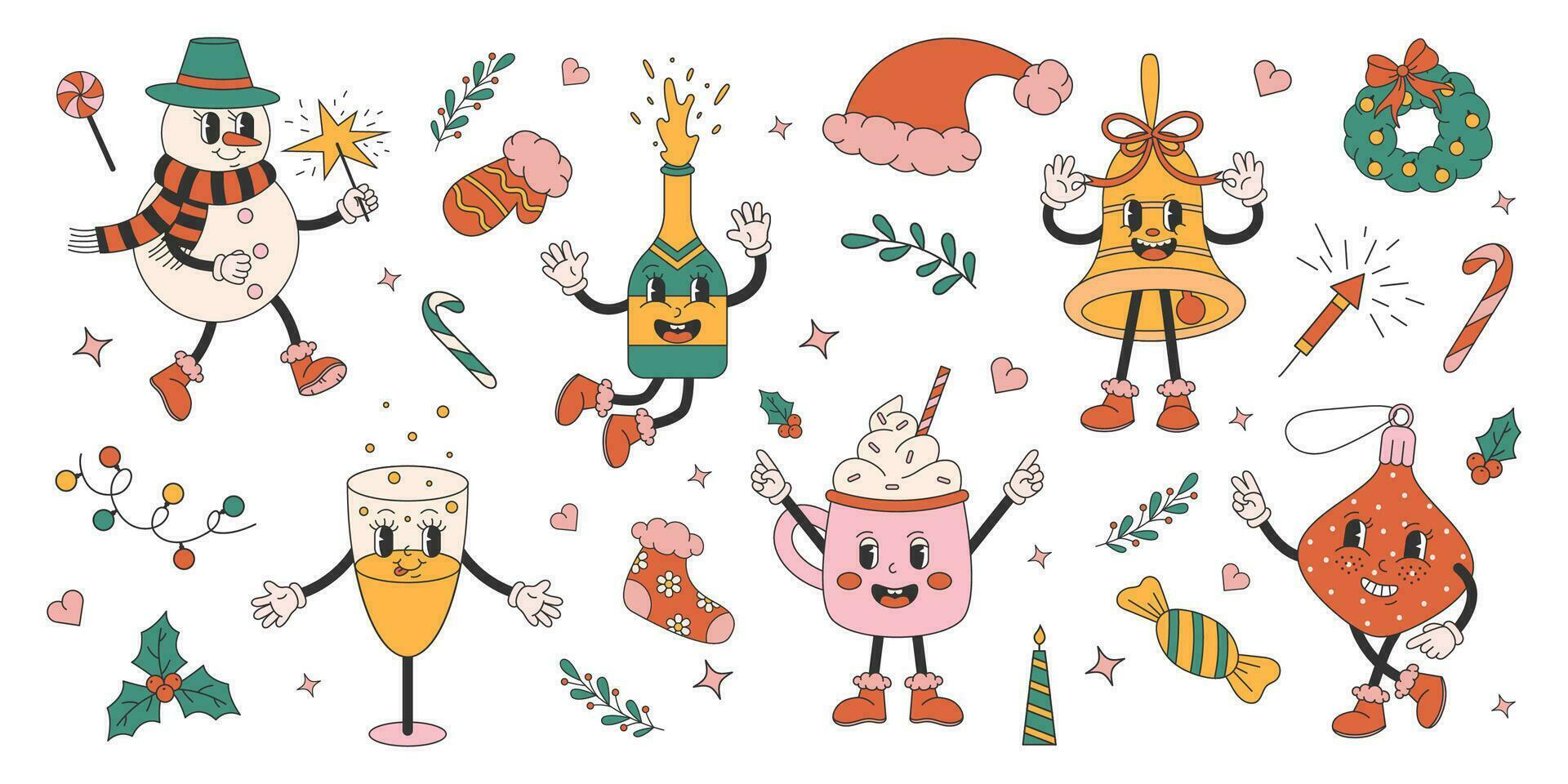 Happy New Year. Snowman, champagne, bell, Christmas tree toy in retro cartoon style. Vector illustration.