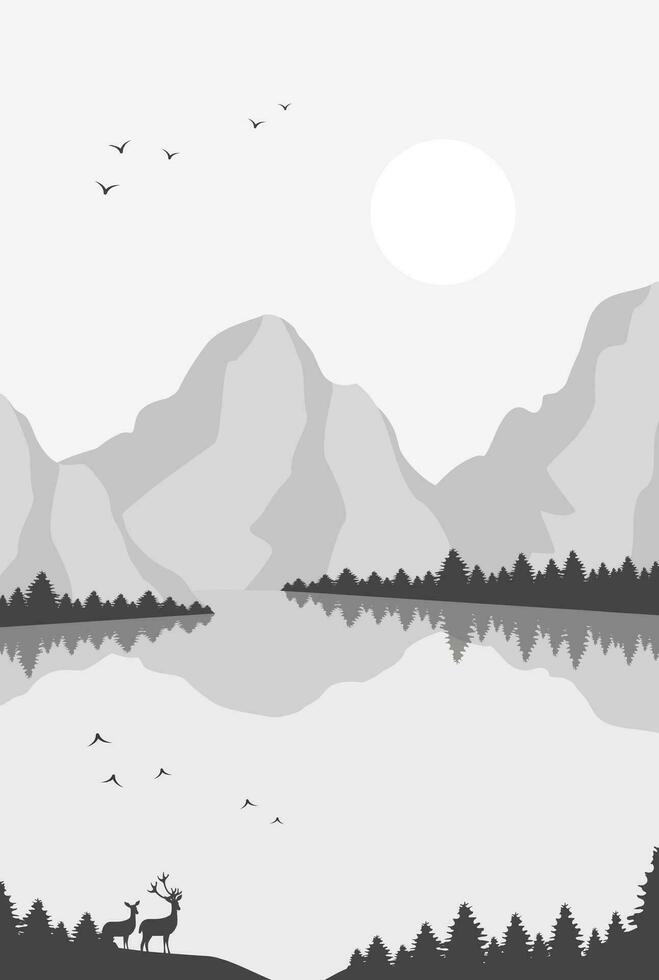 Nordic landscape with mountains and lake. Illustration fog forest with flying birds vector