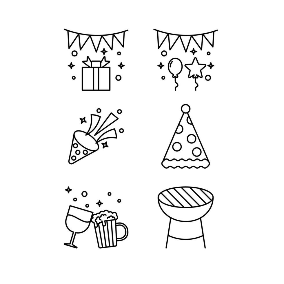 icono conjunto fiesta, regalo caja, globo, confeti, fiesta Hat,cerveza,aplausos,barbacoa parrilla.aislado en blanco antecedentes con línea estilo. vector