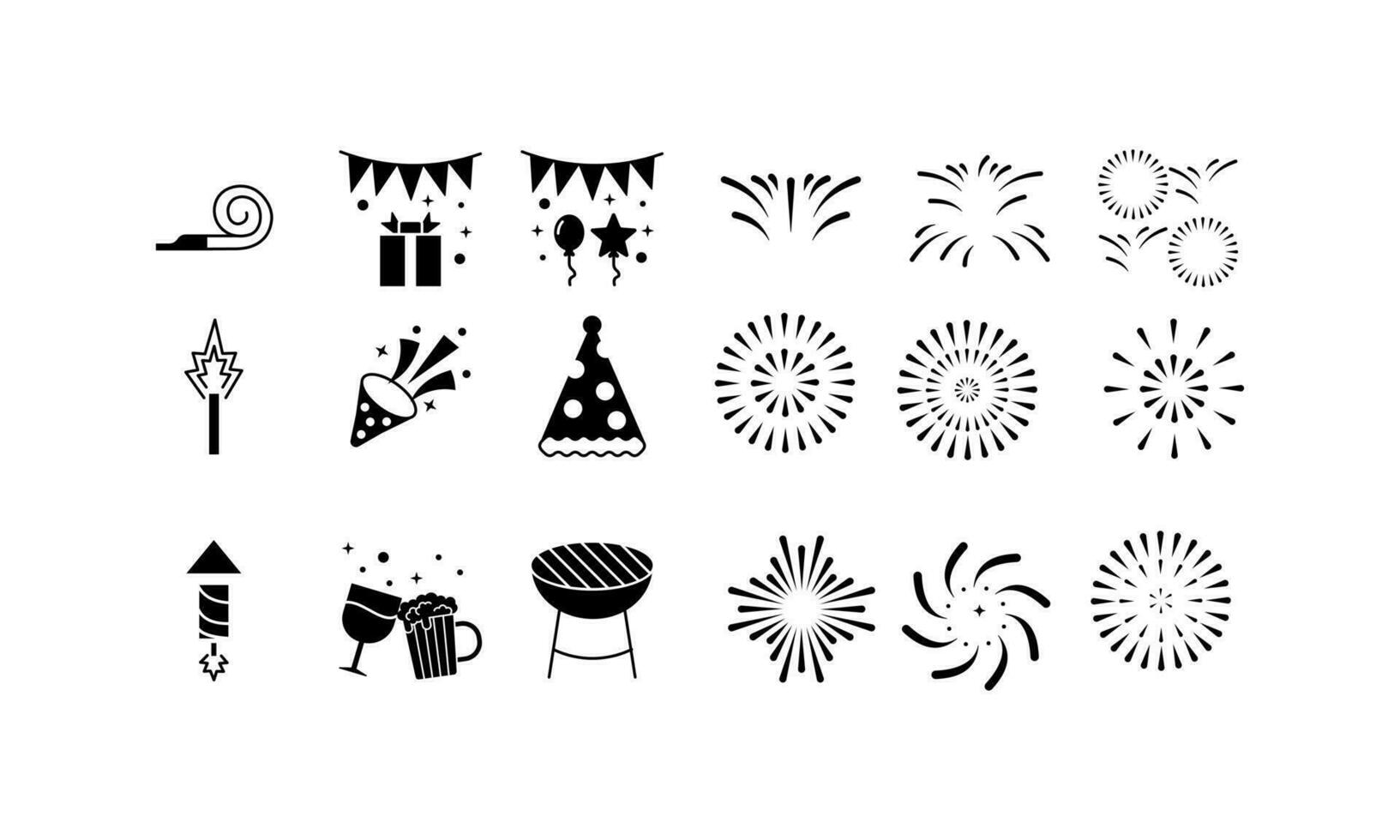 icon set happy new year,gift box,ballon,confetti,beer,cheers,noise maker,barbeque,party hat,firework,fire cracker,isolated white background with black fill style. vector