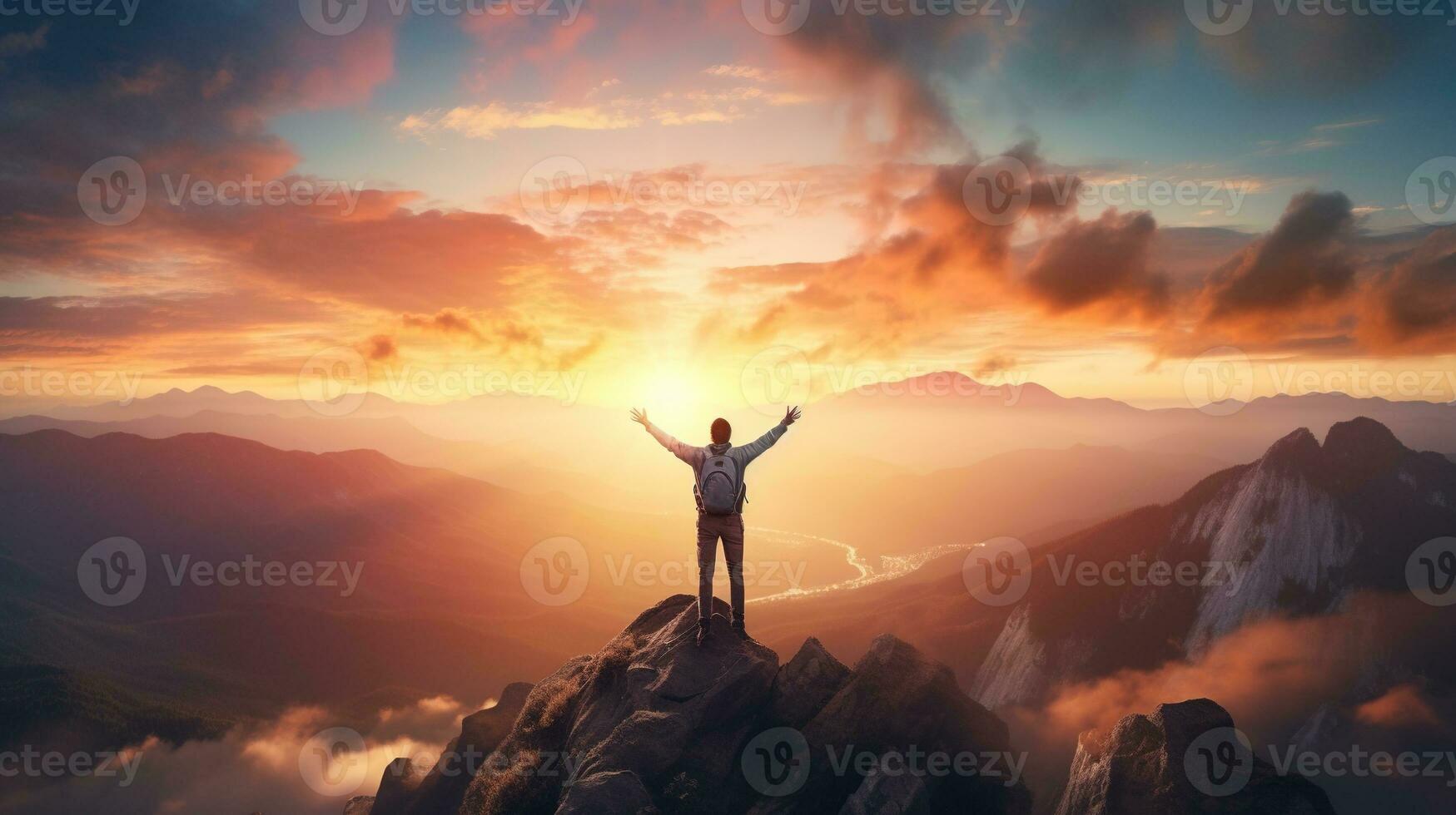 AI generated Happy Man on the Peak of Mountain with Sunrise photo