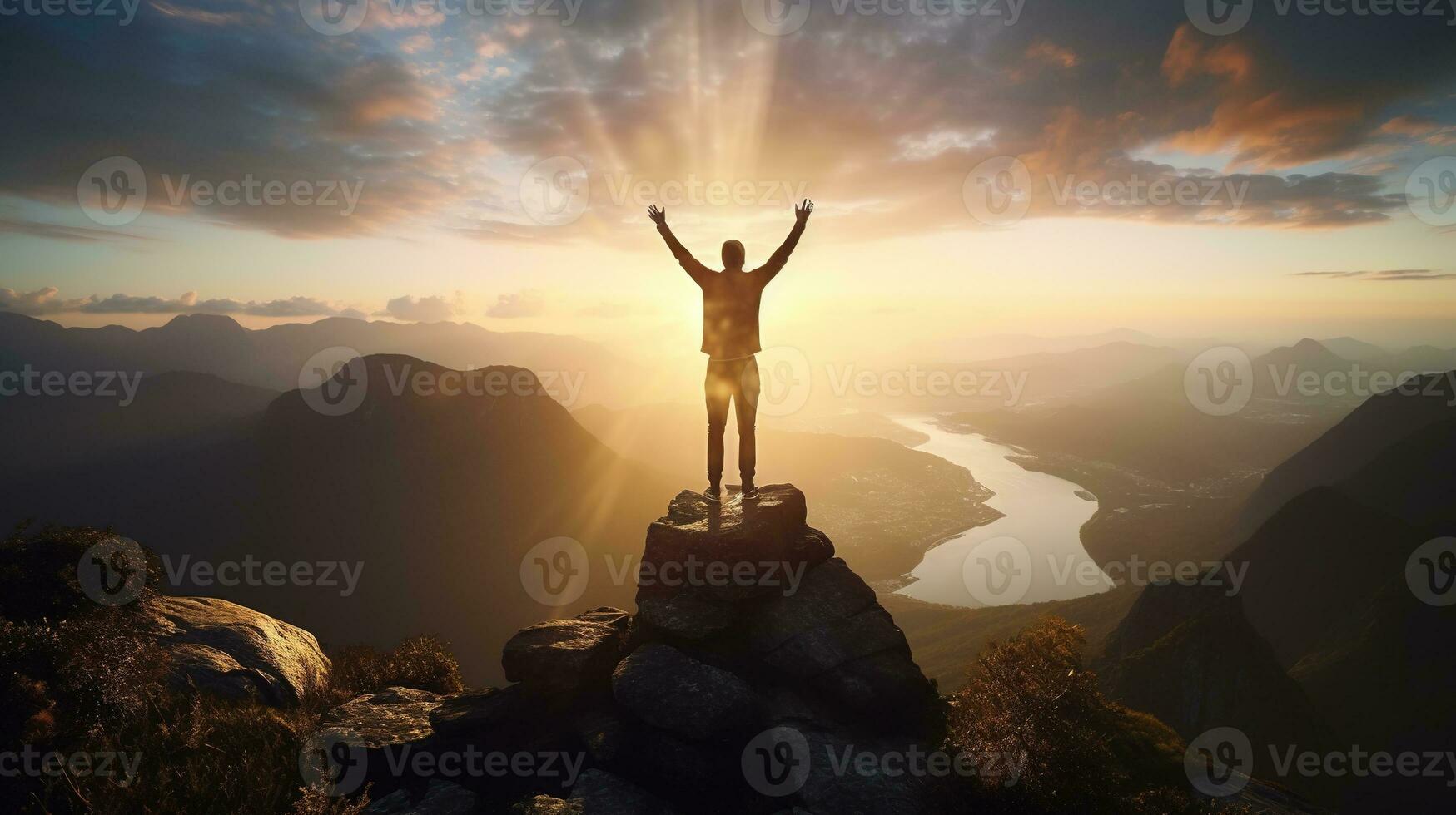 ai generado contento hombre en el pico de montaña con amanecer foto