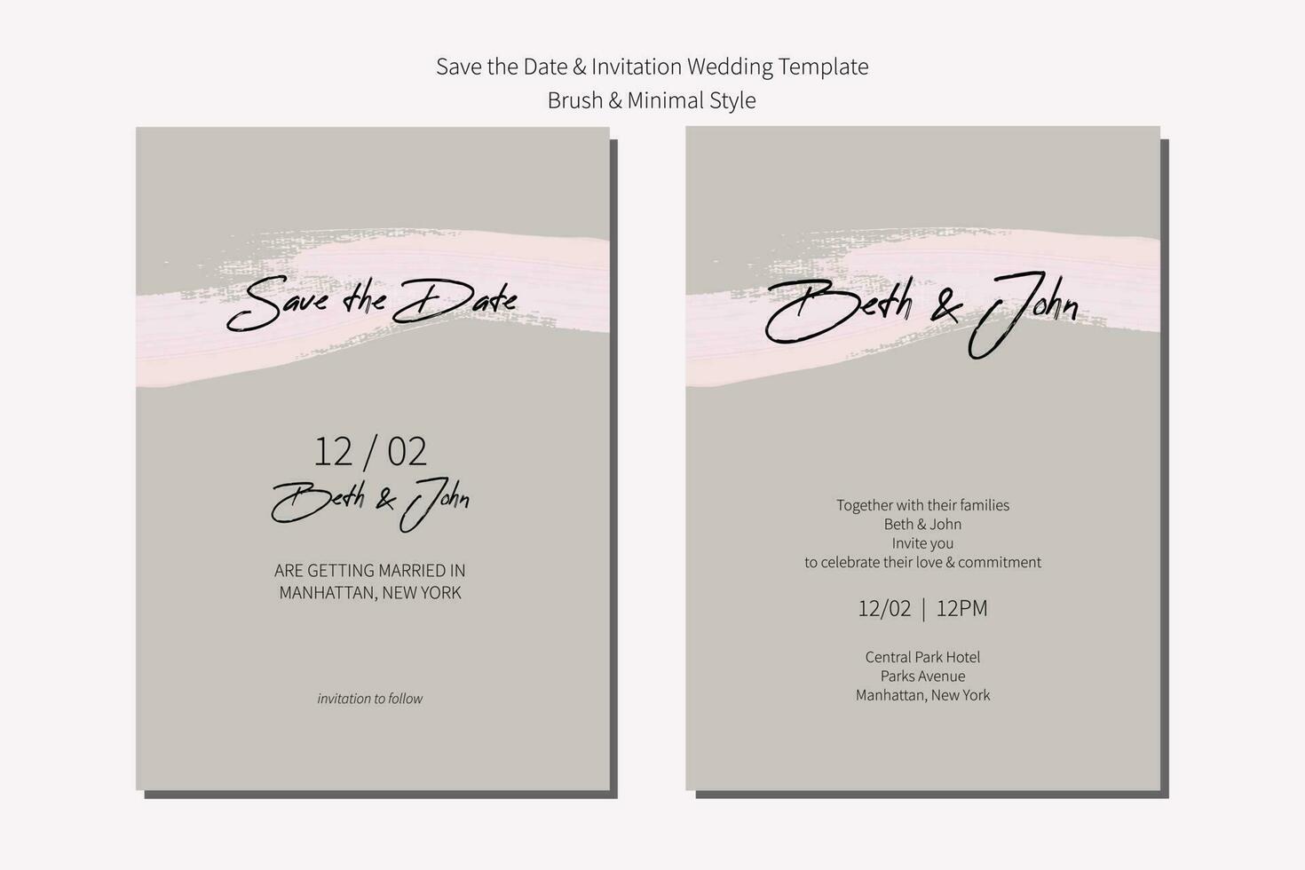 Wedding invitation and save the date card template with brush gray neutral and minimalism. vector