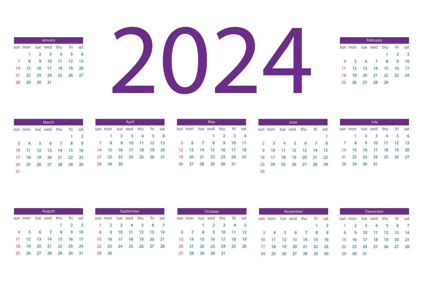 2024 English calendar week starts Sunday template pocket or wall calendar vector. vector