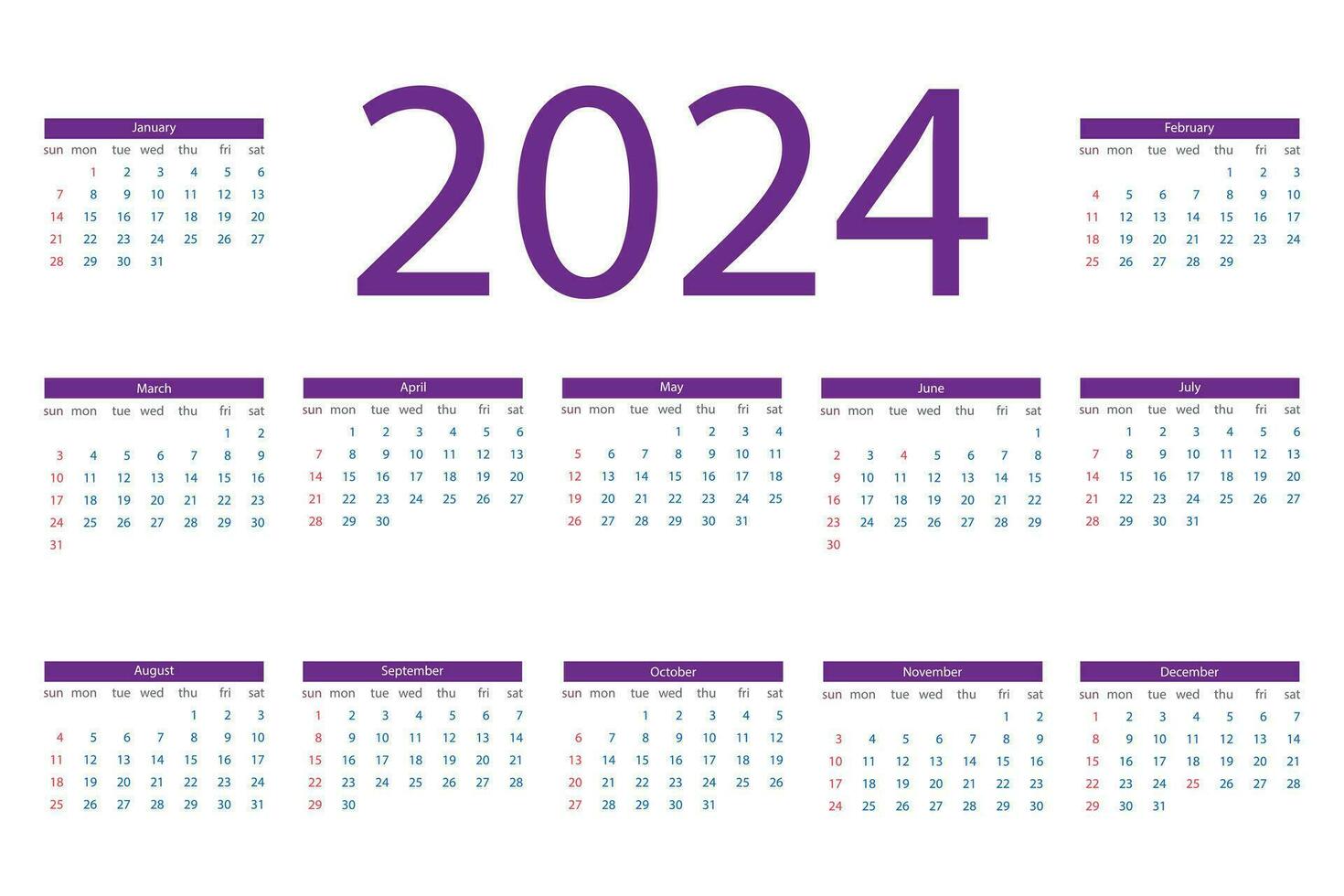 2024 English calendar week starts Sunday template pocket or wall calendar vector. vector