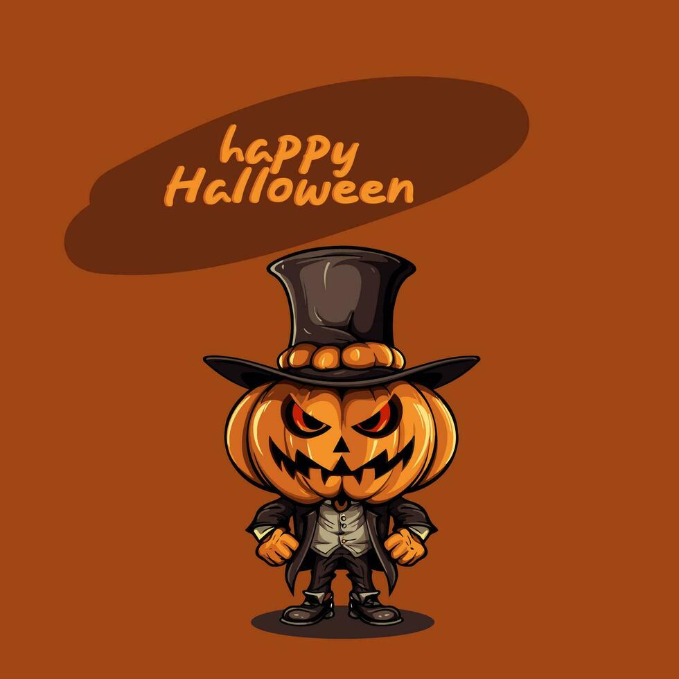 Halloween vector illustration of pumpkin in hat and costume for party invitation