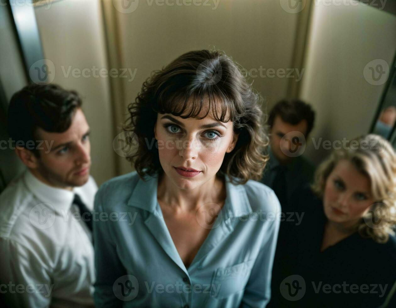 AI generated photo of middle aged woman as a office working woman standing near elevator, generative AI