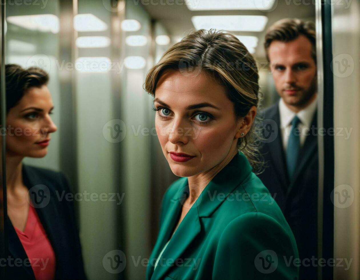 AI generated photo of middle aged woman as a office working woman standing near elevator, generative AI