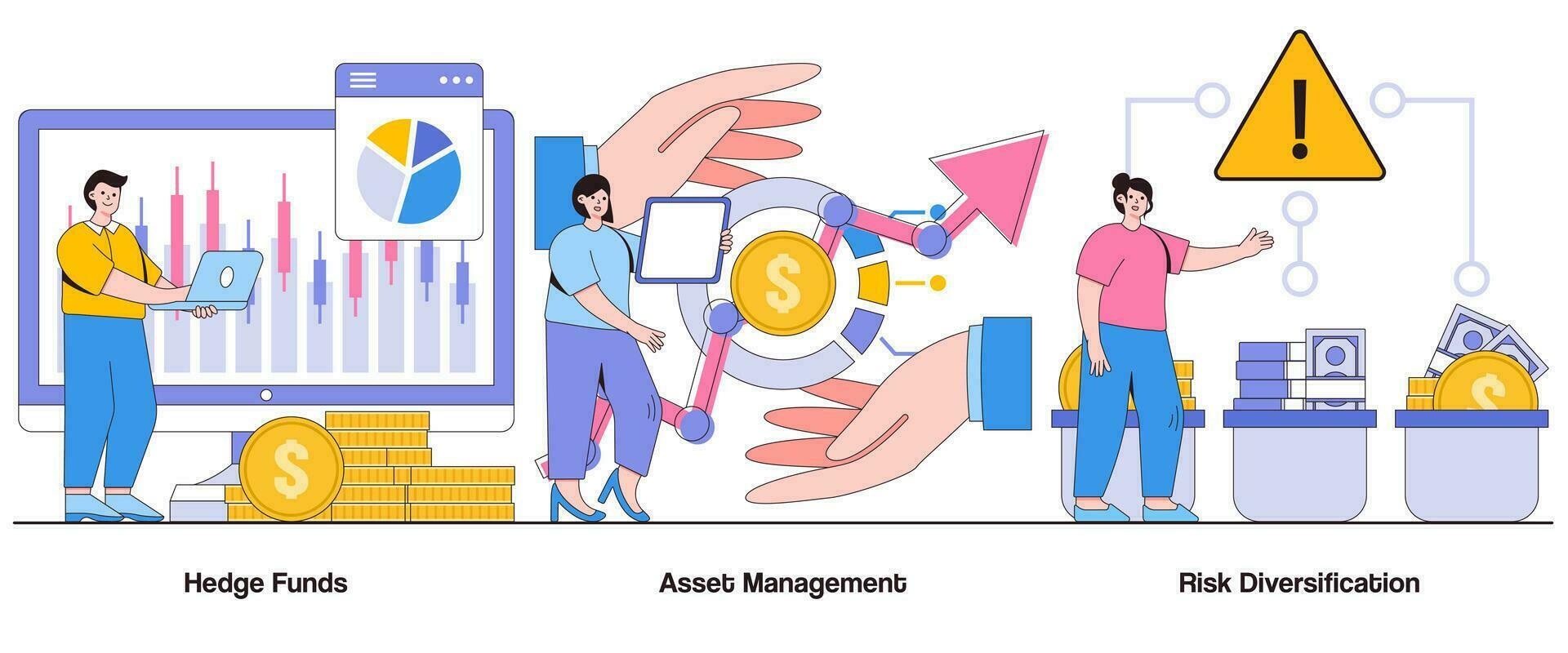 Hedge funds, asset management, risk diversification concept with character. Asset allocation abstract vector illustration set. Risk management, asset diversification, financial protection metaphor