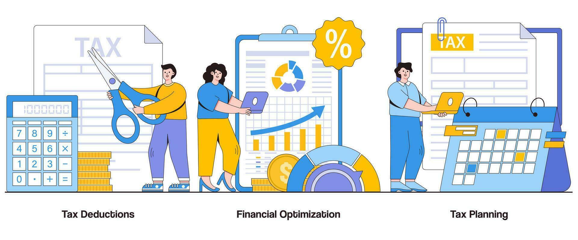 Tax deductions, financial optimization, tax planning concept with character. Tax savings abstract vector illustration set. Financial efficiency metaphor