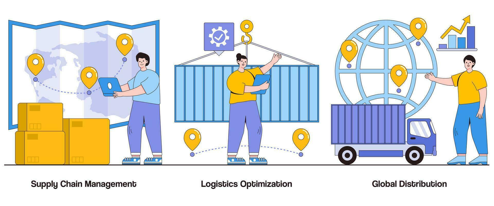 Supply chain management, logistics optimization, global distribution concept with character. Supply chain abstract vector illustration set. Efficient logistics, supply chain optimization metaphor