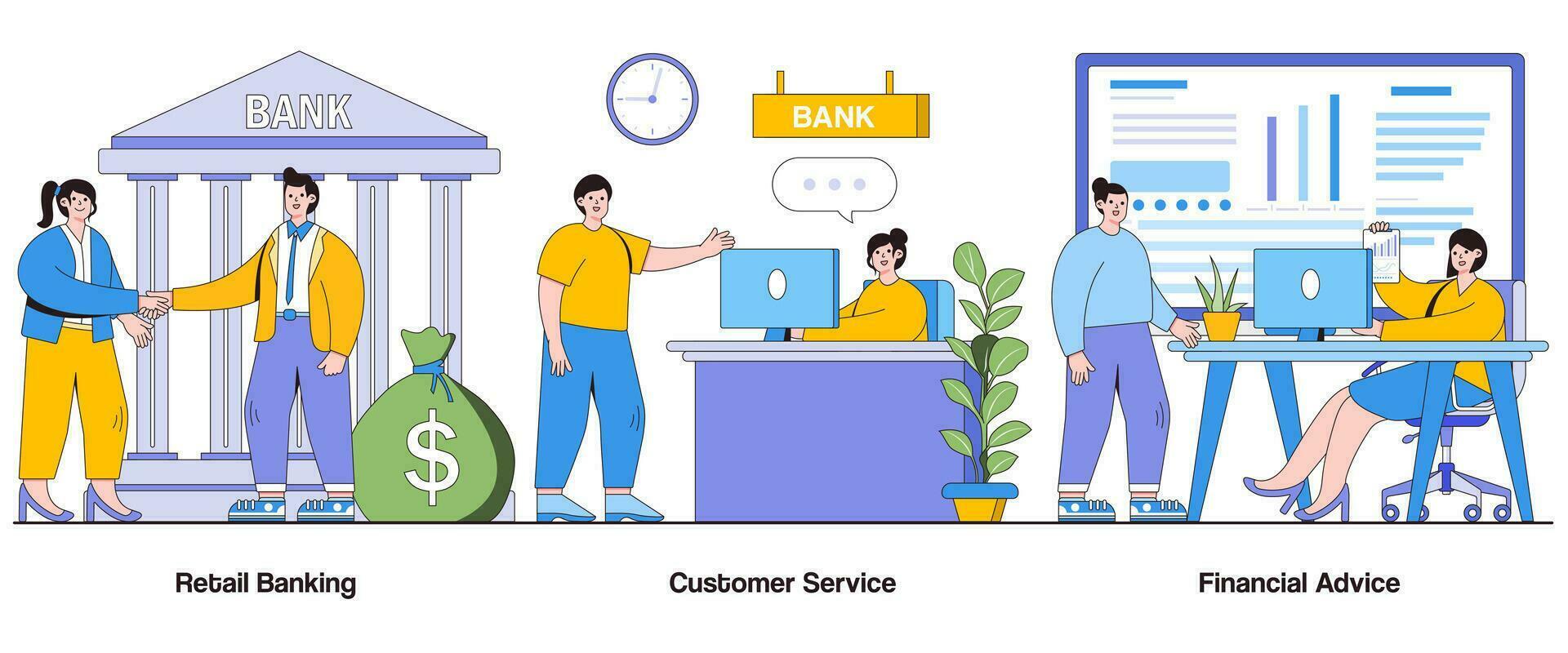 Retail banking, customer service, financial advice concept with character. Banking services abstract vector illustration set. Personal finance, customer support, financial guidance metaphor