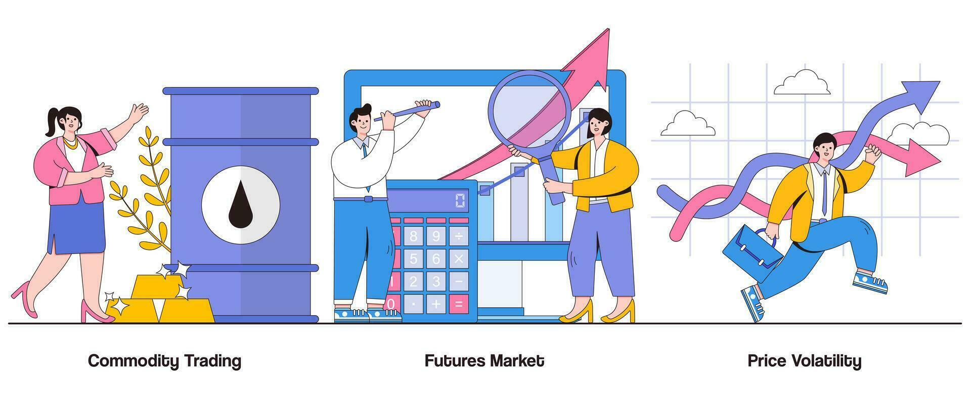 Commodity trading, futures market, price volatility concept with character. Commodities market abstract vector illustration set. Price speculation, market volatility, trading strategy metaphor