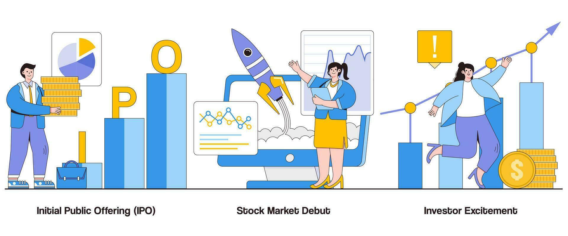 inicial público ofrecimiento, valores mercado debut, inversor emoción concepto con personaje. ipo lanzamiento resumen vector ilustración colocar. inversor anticipación, valores mercado entrada metáfora