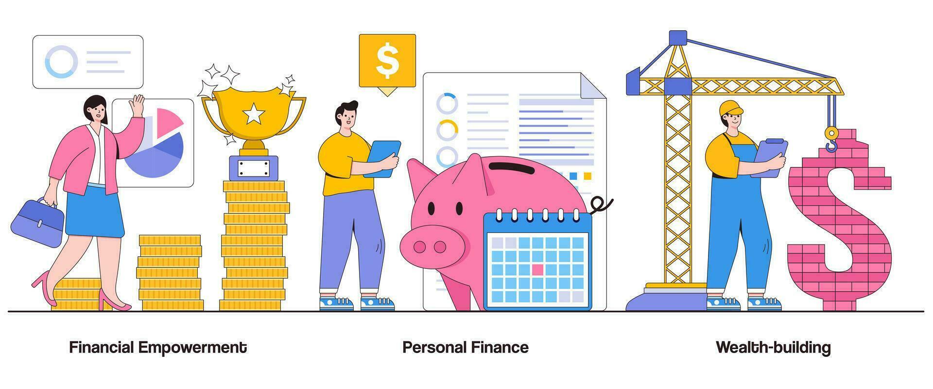 Financial empowerment, personal finance, wealth building concept with character. Financial literacy abstract vector illustration set. Wealth accumulation, financial independence metaphor