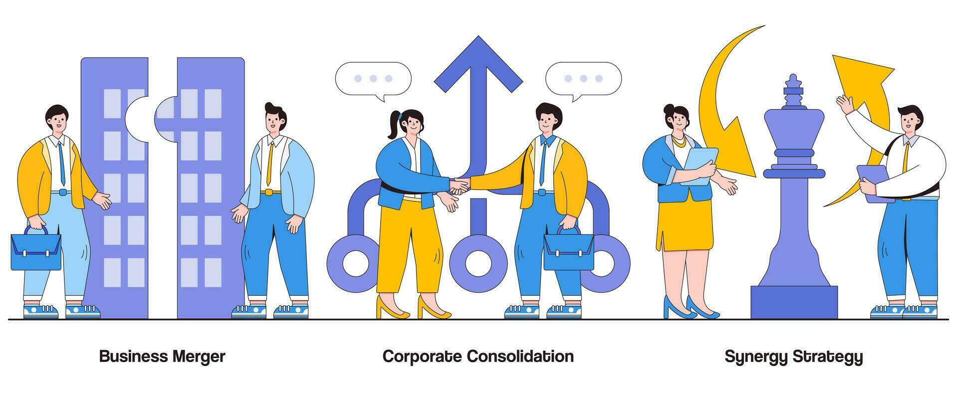 Business merger, corporate consolidation, synergy strategy concept with character. Merger synergy abstract vector illustration set. Corporate integration, synergistic approach metaphor