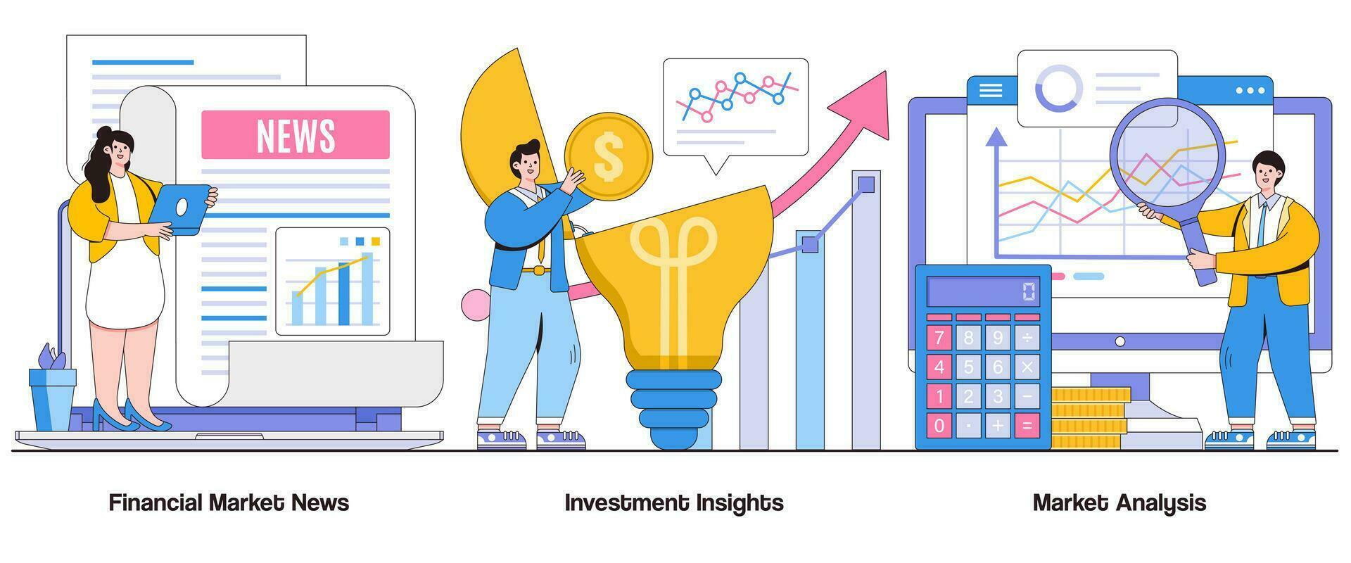 Financial market news, investment insights, market analysis concept with character. Investment research abstract vector illustration set. Market updates, informed decision making metaphor