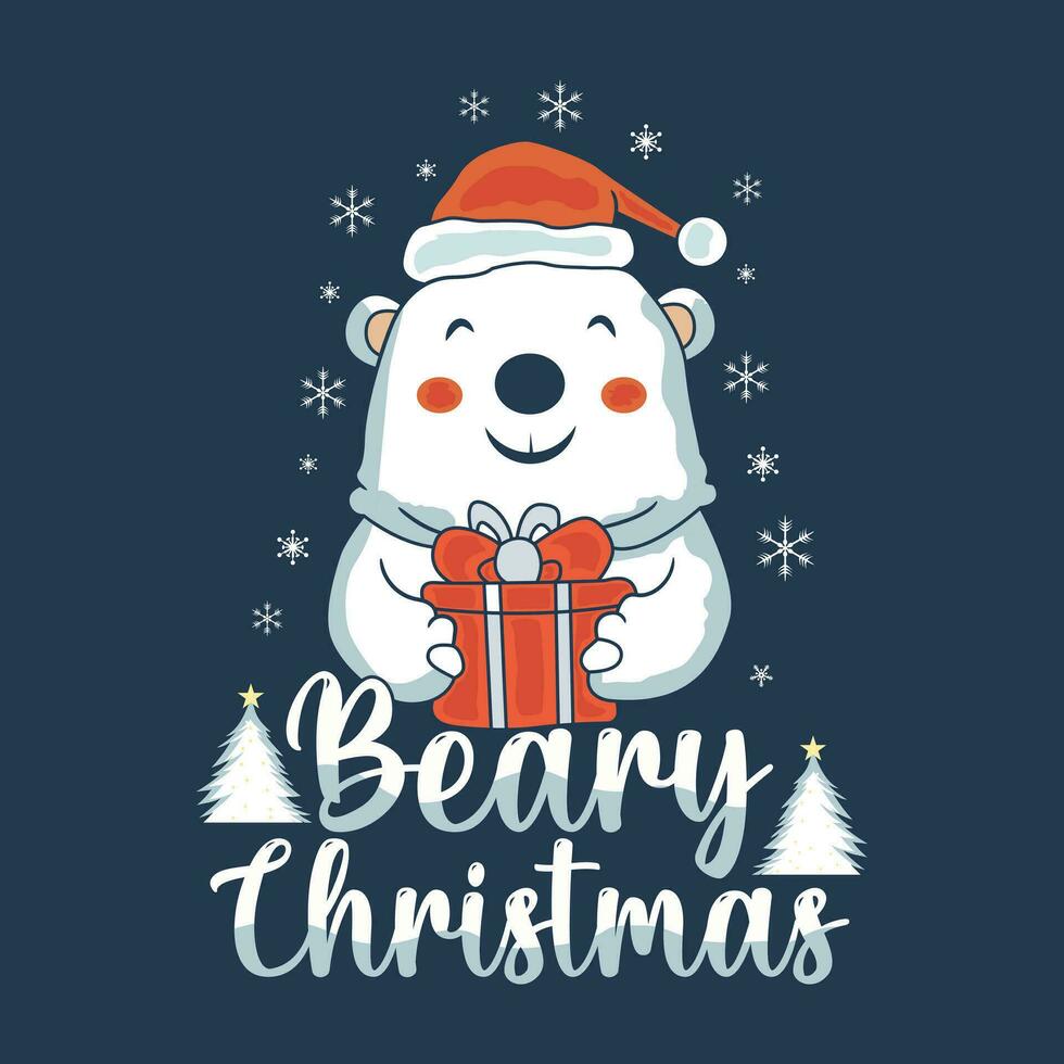 beary christmas with bear holding a gift box t shirt design vector