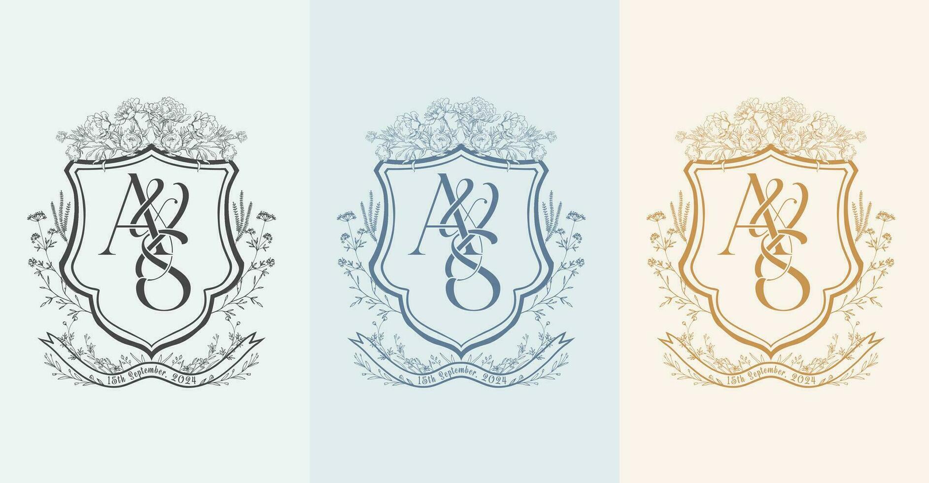 Elegant A and S initial letter wedding crest monogram logo. Floral crest design for wedding invitations vector illustration.