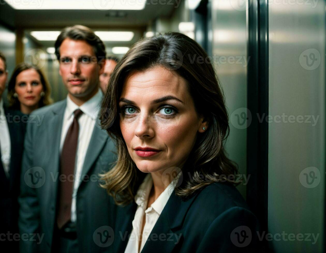 AI generated photo of middle aged woman as a office working woman standing near elevator, generative AI