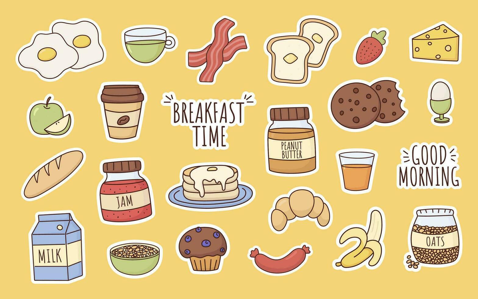 breakfast sticker set, cute cartoon style, doodle, eggs, peanut butter, cookies, coffee, bacon, banana, muffin, milk, oats, jam, strawberry, pancakes, tea, toast, vecor illustration vector