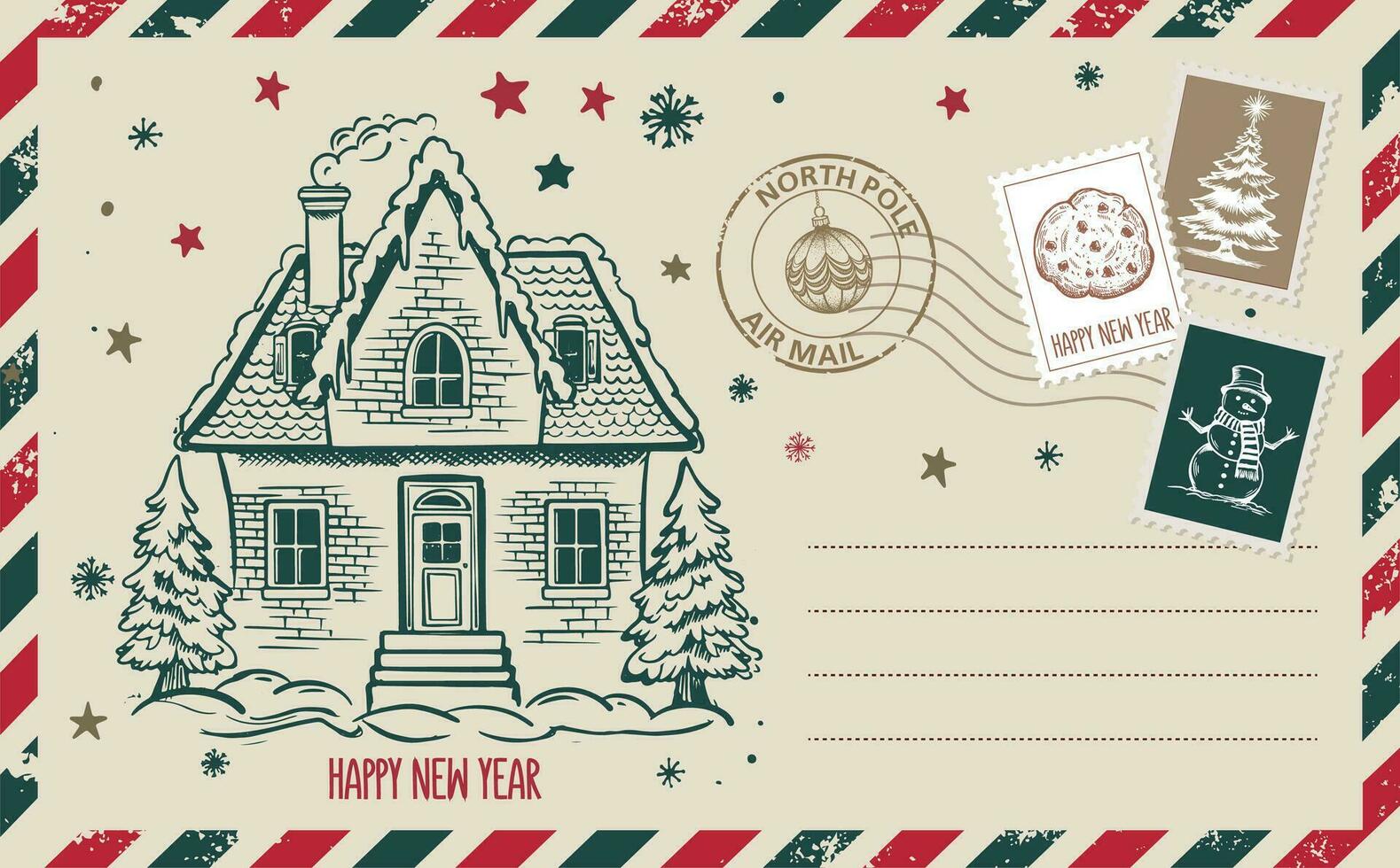 correo de navidad, postal, ilustración dibujada a mano. vector