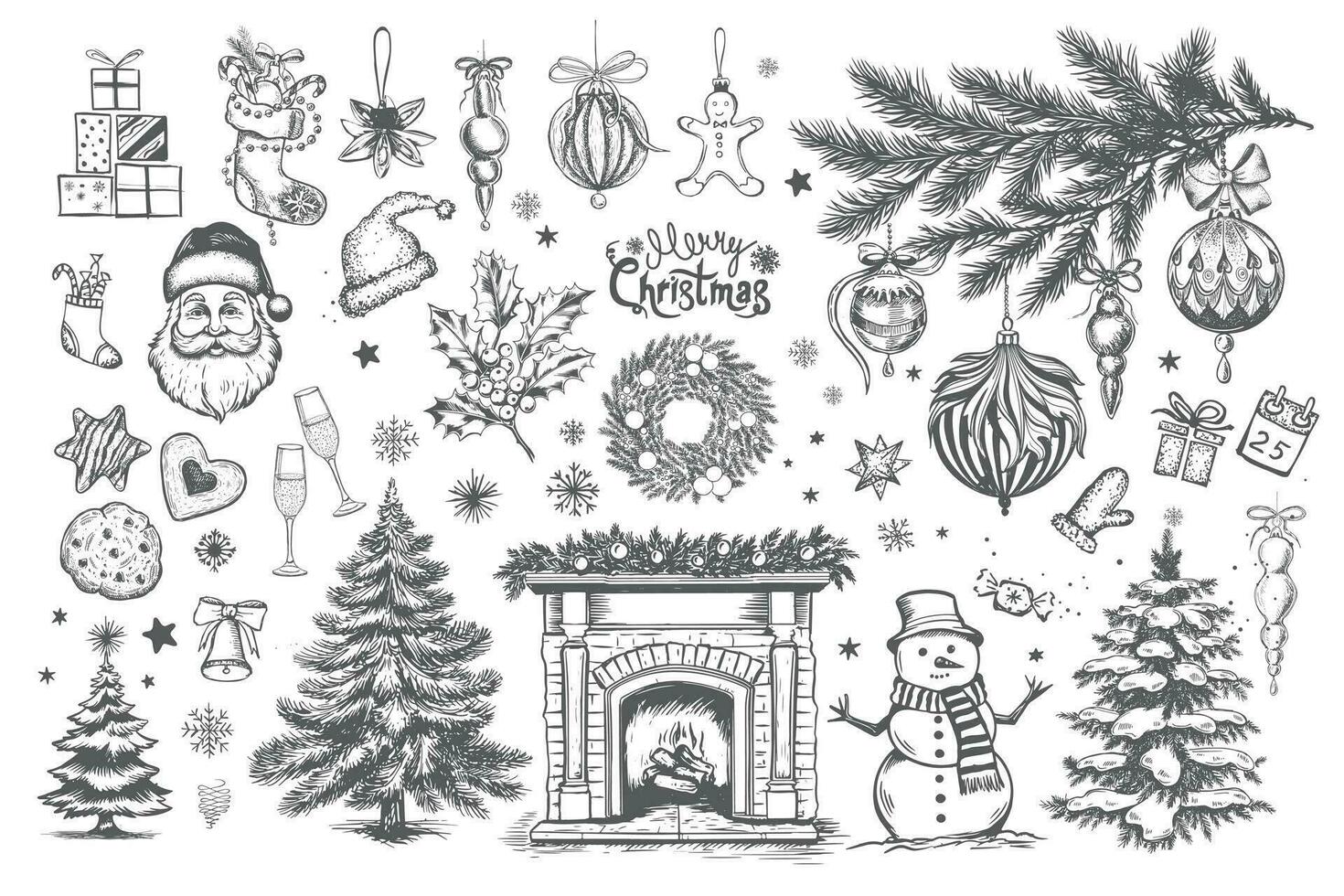 Christmas set in sketch style. Hand drawn illustration. vector