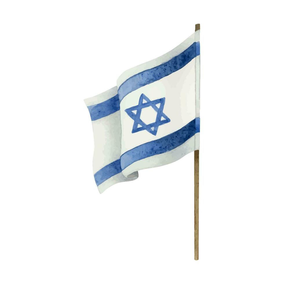 Flag of Israel with flagpole or wooden shaft watercolor vector illustration. Waving Israeli flag with star of David emblem