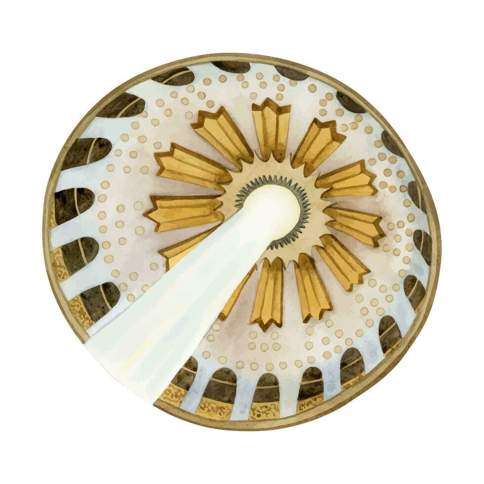 Dome of the Holy Sepulchre with sunbeam watercolor illustration. Round rotunda of Coptic chapel church of Resurrection vector