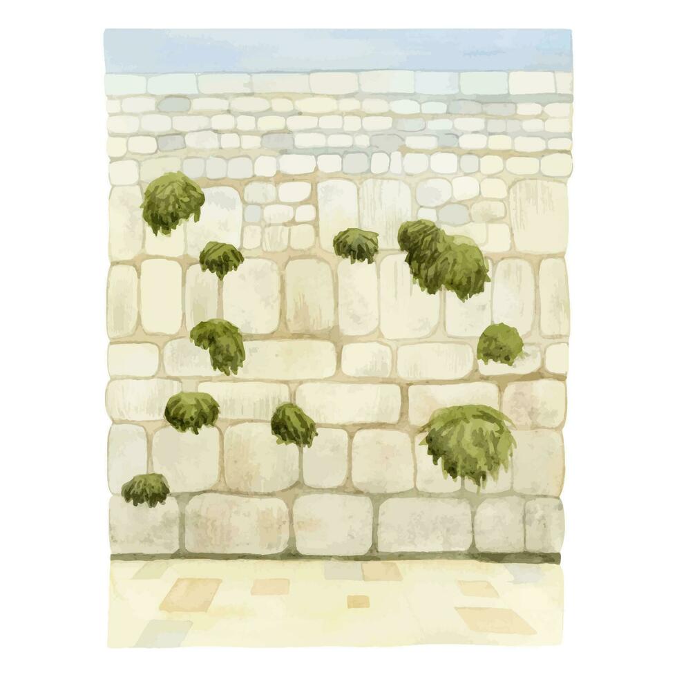 Jerusalem Western Wall in old city watercolor vector illustration. The Kotel in Israel for prayers, Ancient Jewish sight