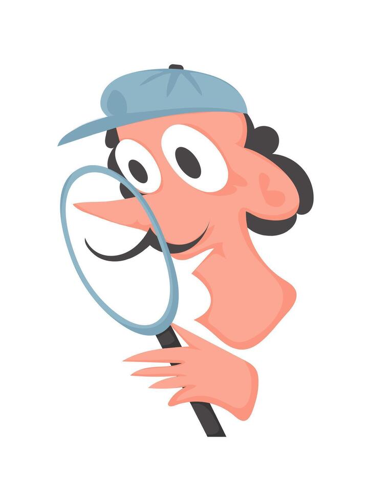 Detective with mustache and hat looking through a magnifying glass vector