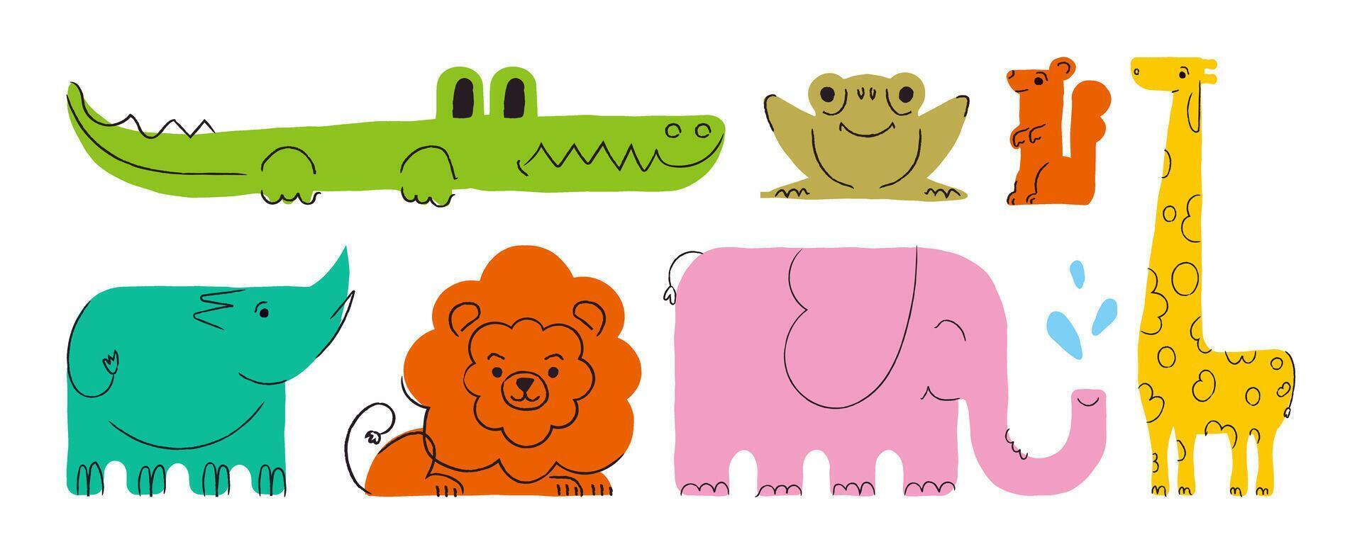 Set of Cartoons with animals. Hand drawn elephant, giraffe, lion, crocodile, rhinoceros, squirrel and toad on a white background. Children's theme. vector