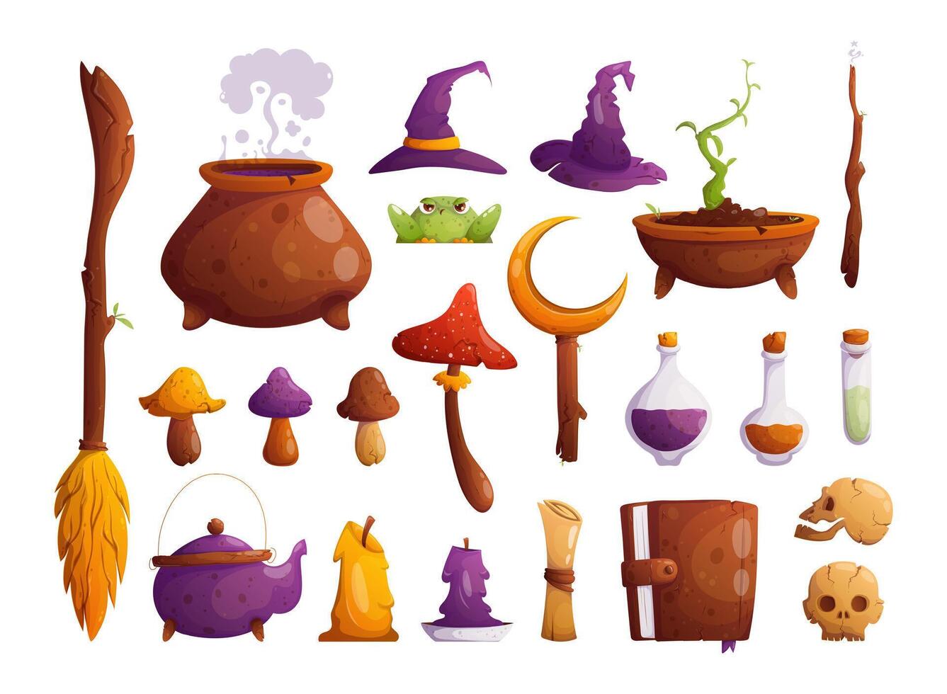 Set of cartoon items for magic and witchcraft.. A cauldron with a potion, a magic wand and a broom, mushrooms, candles, a book of spells, skulls and witch hats, a toad and a sprout of a witch's plant. vector