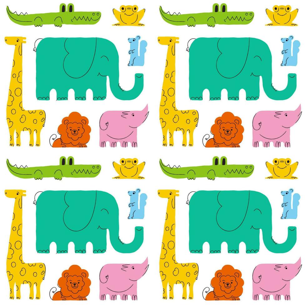 Seamless vector pattern. Cartoons with animals. Hand drawn elephant, giraffe, lion, crocodile, rhinoceros and toad on a white background. Children's theme