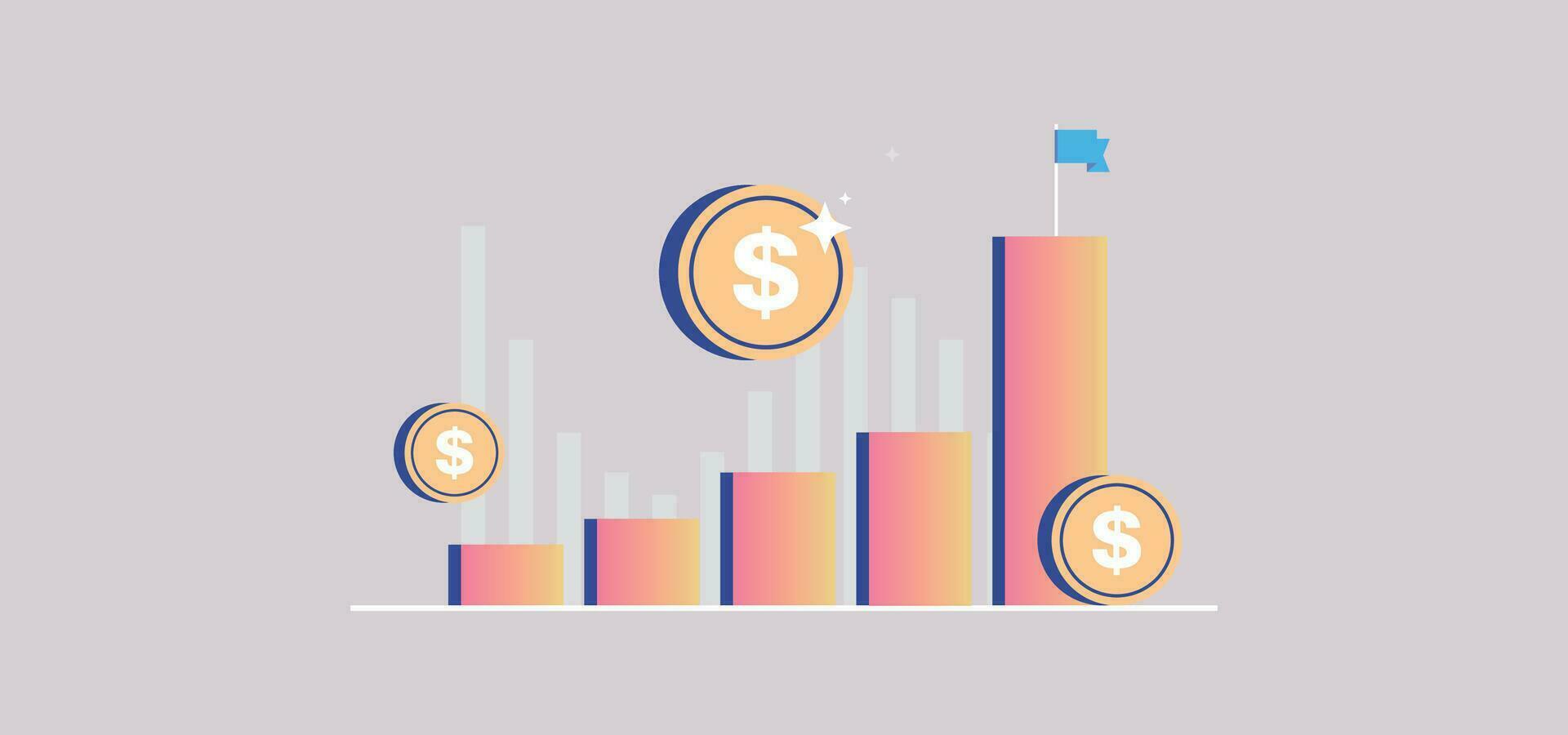 gráfico de barras financieras de negocios y gráfico de crecimiento con ilustración de vector plano de concepto de bandera.