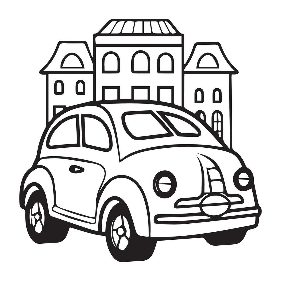 Flat old retro car in front of house illustration. vector