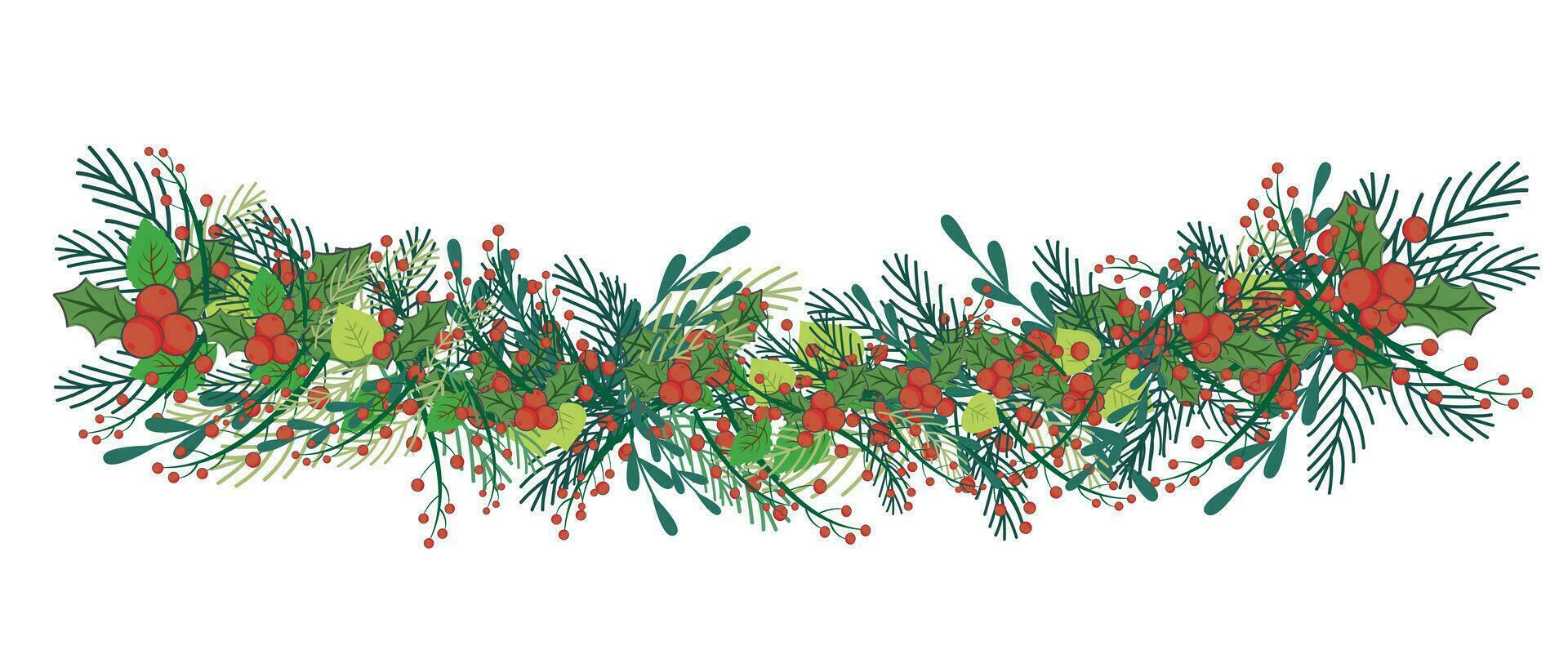 Horizontal border with Christmas tree, twigs and holly berries. Christmas decoration, decorative botanical illustration on white background. Vector illustration.