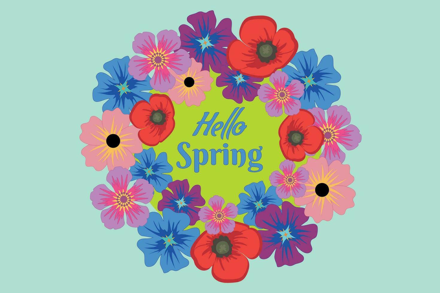 Vector illustration of hello spring with delicate flowers and inscription. The concept of the arrival of spring and sun.